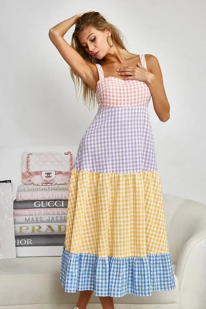 BiBi Color Block Tiered Gingham Dress for Summer Fun - Love Salve